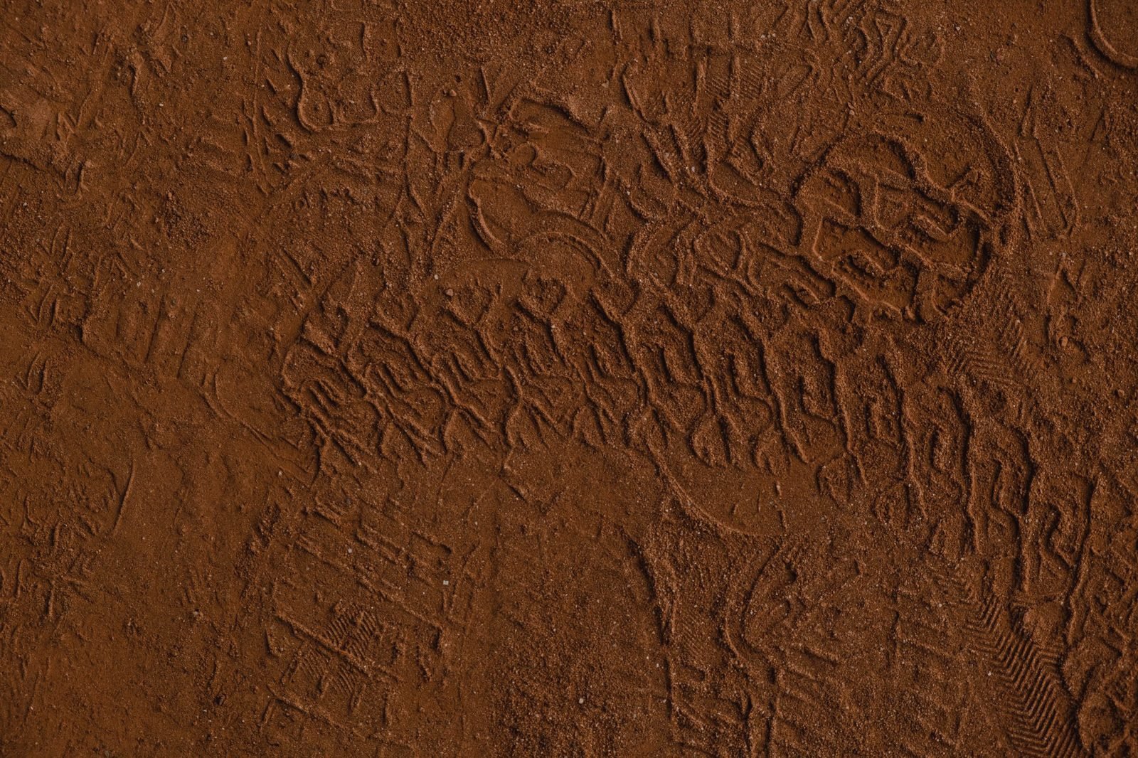 Tire tracks pressed into smooth red clay